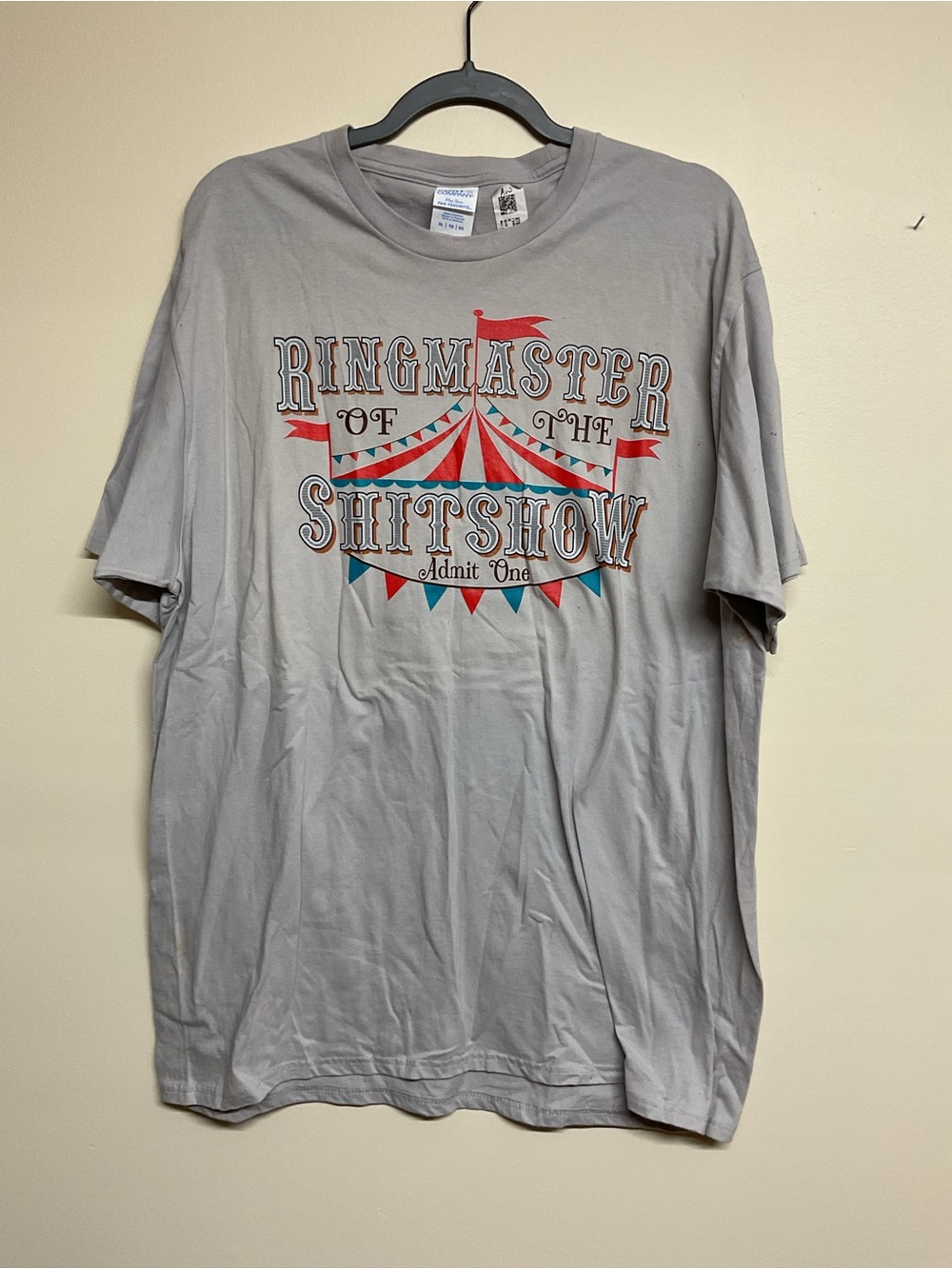 Port and Company Gray Short Sleeve Tee with Red and Blue Circus Graphic